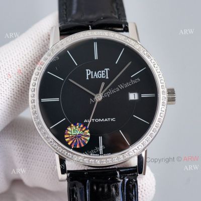 Asia 2824 Piaget Altiplano Black Dial Black Leather Strap Watch Diamond Bezel